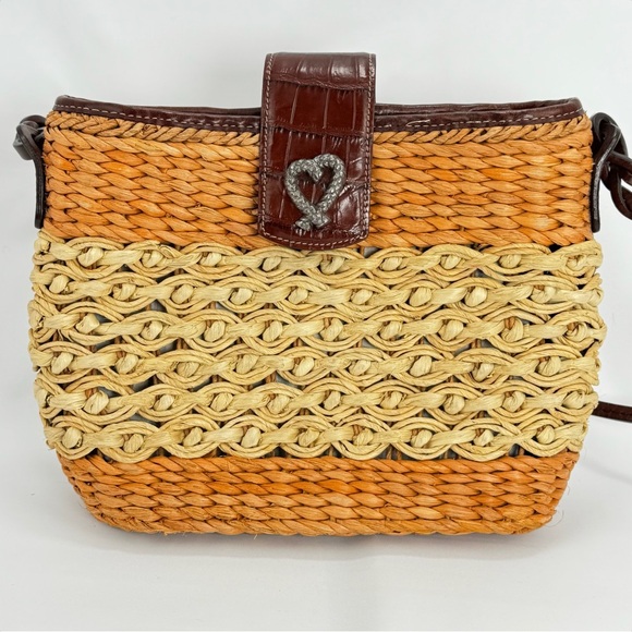 Brighton Handbags - Brighton Wicker Women's Handbag Beige Croc Embossed Leather Heart Charm Purse